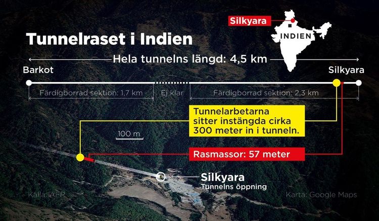 Tunnelarbetarna har suttit instängda cirka 300 meter in i tunneln.